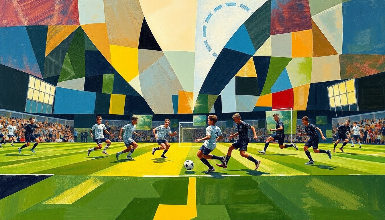 A fractured, multi-perspective painting featuring sharp, overlapping geometric planes of color representing the movements and action of a high school boys soccer match, conceptually illustrating the Keokuk Chiefs' struggles against the Burlington Notre Dame Nikes.