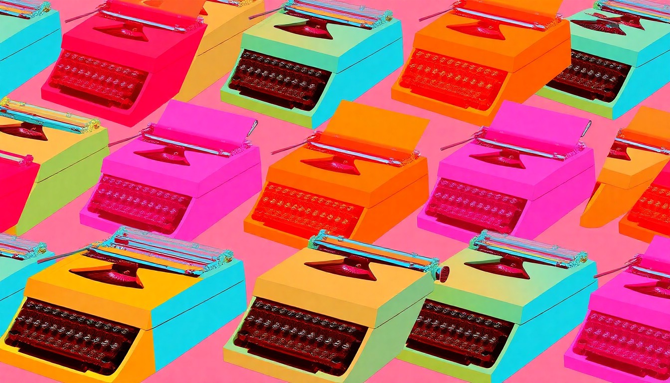 A bold, colorful silkscreen-style illustration featuring a vintage typewriter repeated in a grid pattern, representing the tools of the journalism trade and the success of the MSU Texas Mass Communication program.