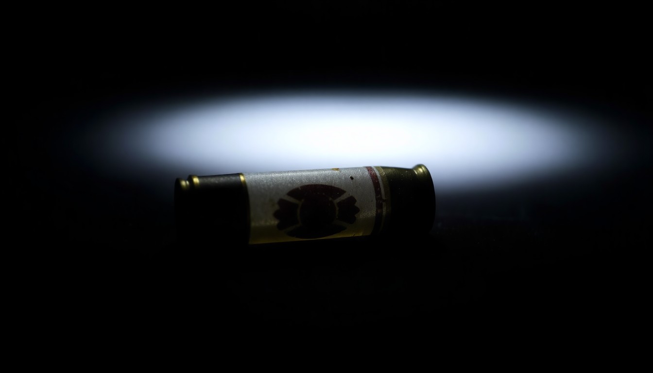 An extreme close-up photograph of a small, metallic object with a rough, textured surface, dramatically lit by a harsh camera flash against a pitch-black background, conceptually representing a piece of physical evidence from the crime scene.