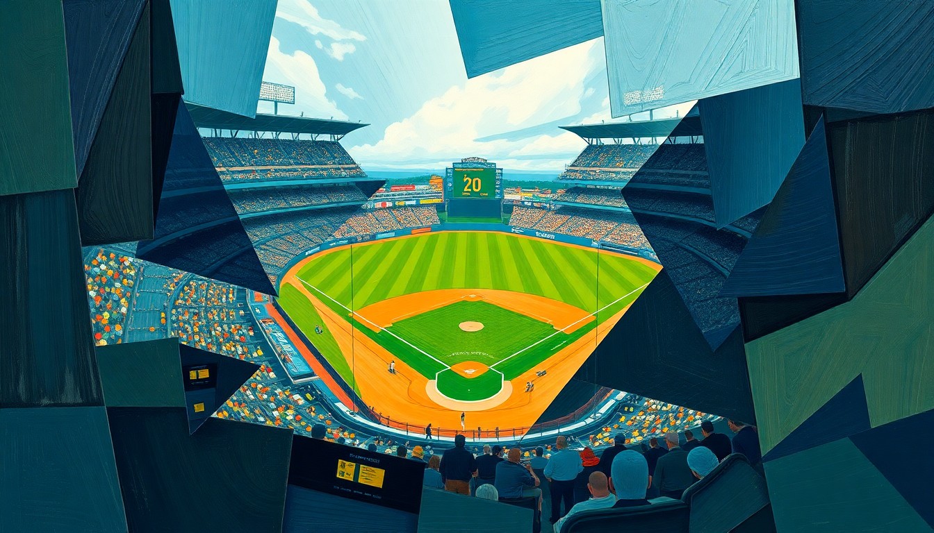 A cubist-style painting featuring overlapping geometric shapes and planes in navy, green, and orange hues, representing the dynamic action and competition of a college baseball game.