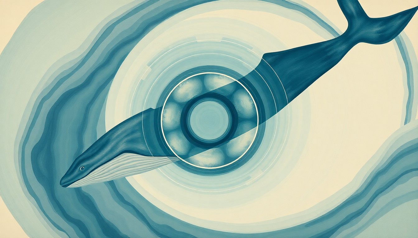 A highly structured abstract painting in muted tones of blue, green, and gray, featuring sweeping geometric arcs, concentric circles, and precise botanical spirals, conceptually representing the delicate balance of the gray whale's ocean ecosystem.