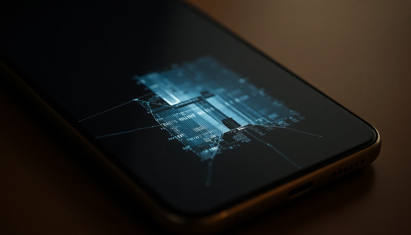 An extreme close-up of a shattered smartphone screen reflecting a faint digital glitch, conceptually representing the disturbing use of AI technology to exploit minors.