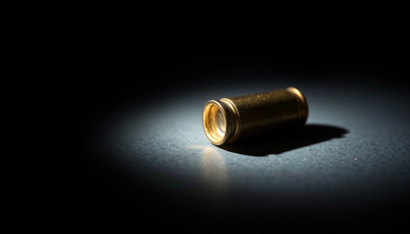 An extreme close-up photograph of a single spent bullet casing on a dark surface, lit by a harsh, direct camera flash, conceptually representing the violence of a home invasion.