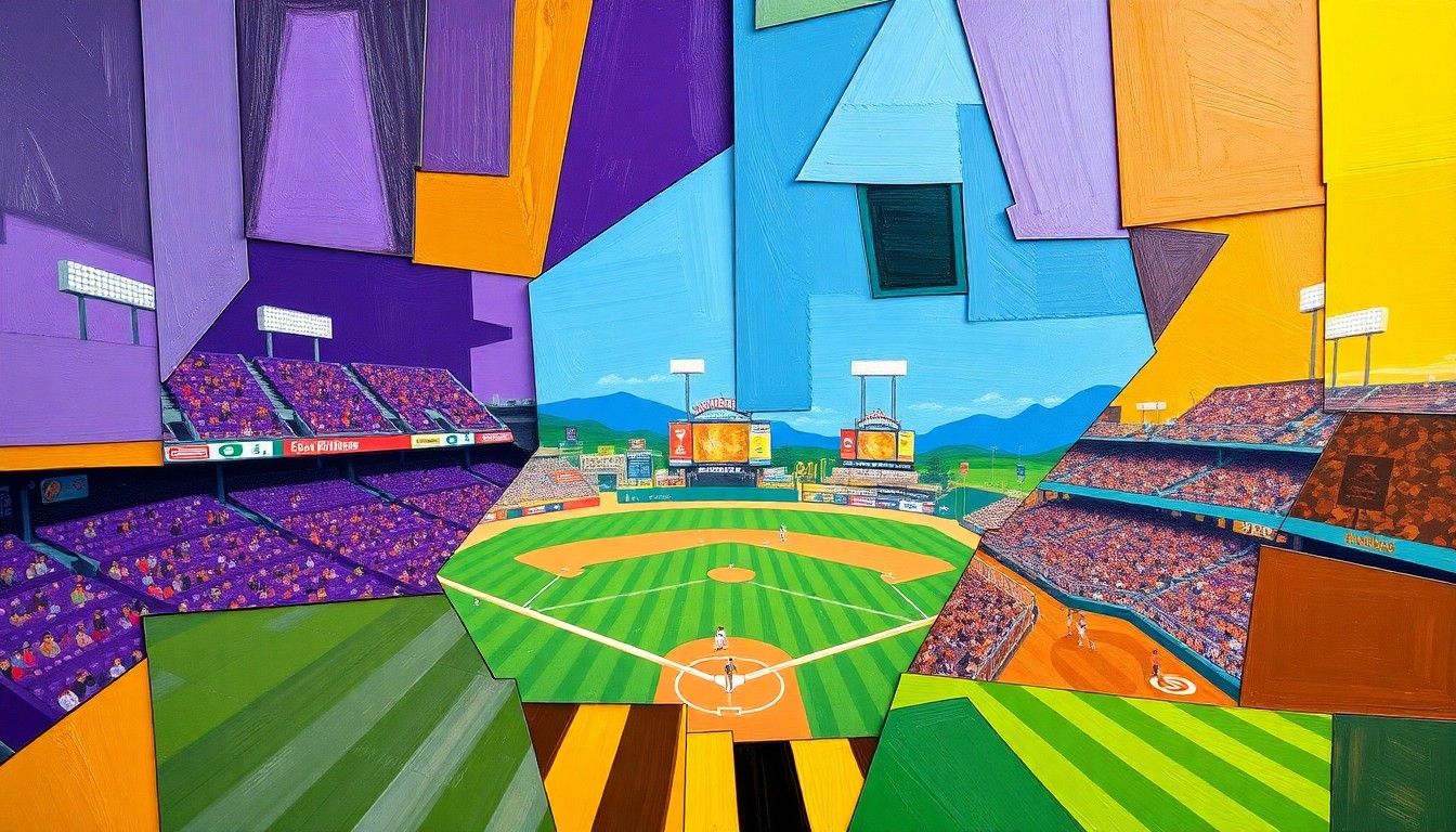 A fractured, geometric painting in the style of Pablo Picasso, using sharp overlapping planes and vibrant colors to depict a baseball game between the Colorado Rockies and San Diego Padres.