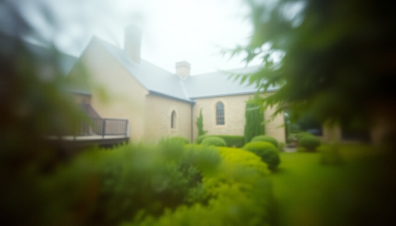 An impressionistic, out-of-focus photograph depicting the weathered stone exterior of an old mill building surrounded by blurred greenery, conveying a sense of nostalgia and the passage of time.
