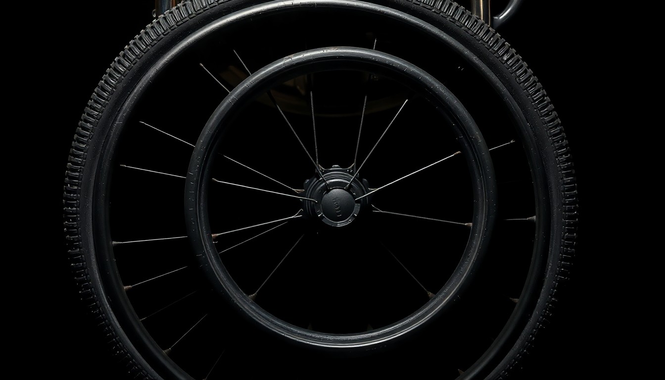 An extreme close-up photograph of a wheelchair wheel, its textured metal and rubber filling the frame against a pitch-black background, creating a stark, gritty, investigative aesthetic.