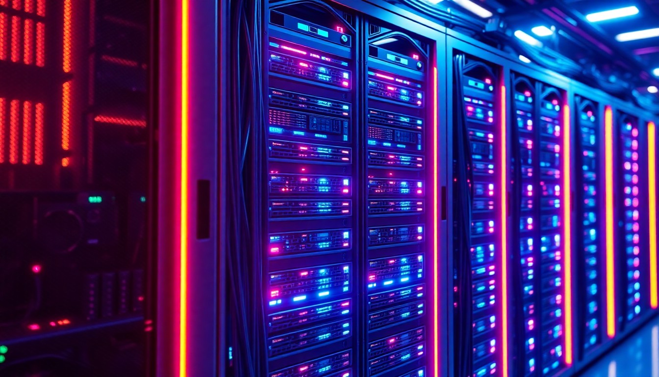 A highly detailed, glowing 3D illustration of a data center server rack, with neon cyan and magenta lights illuminating the complex hardware, conceptually representing the physical reality of data infrastructure that has become a target of growing opposition.