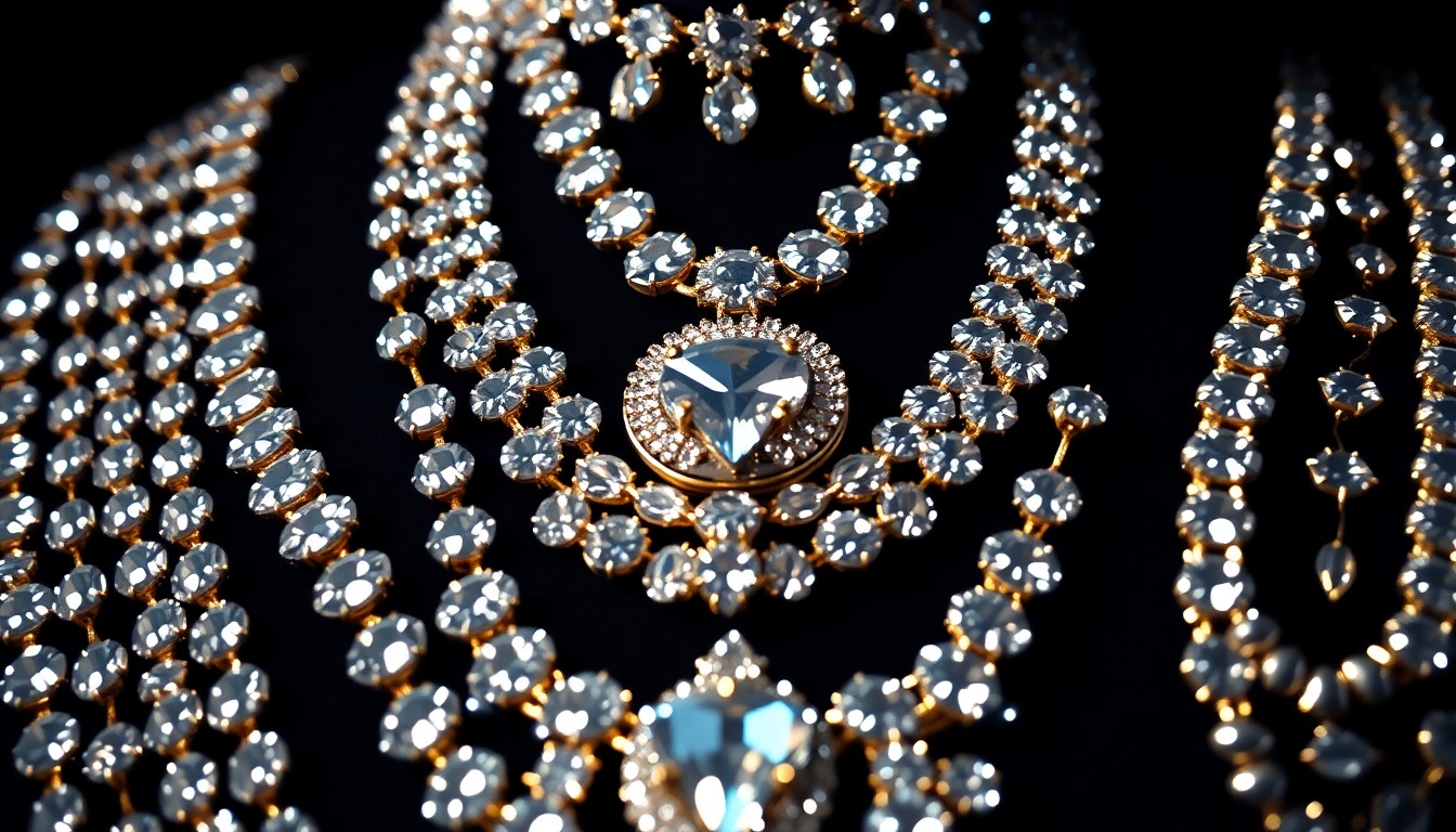 An extreme close-up photograph of a stack of shimmering, high-end statement necklaces in dramatic, high-contrast studio lighting, conceptually representing the luxurious glamour of Sharon Stone's award show accessories.
