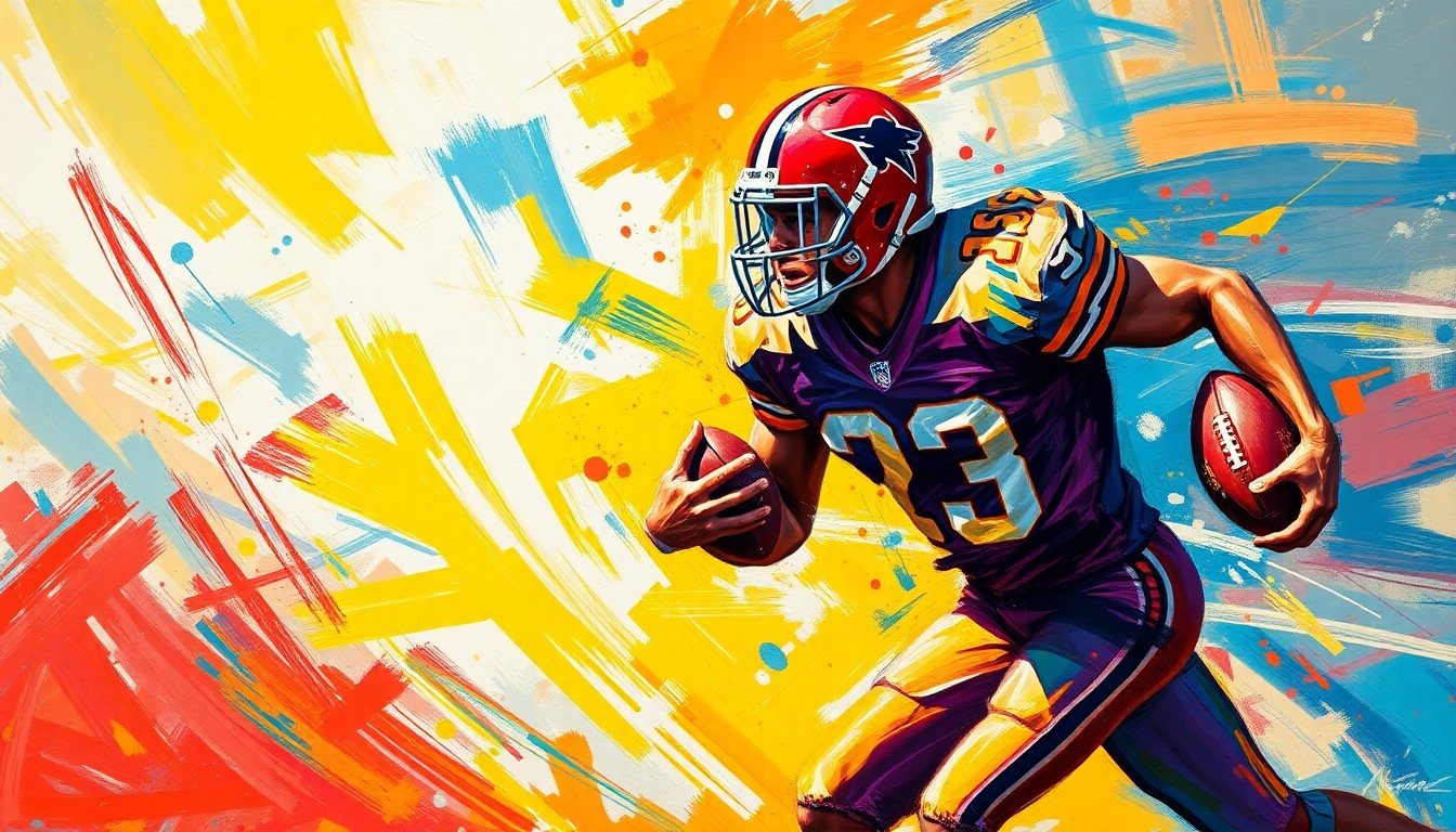 An abstract, expressionist painting in bright neon colors, depicting the dynamic motion and power of an American football player in action, conceptually representing the excitement around rookie quarterback Shedeur Sanders.
