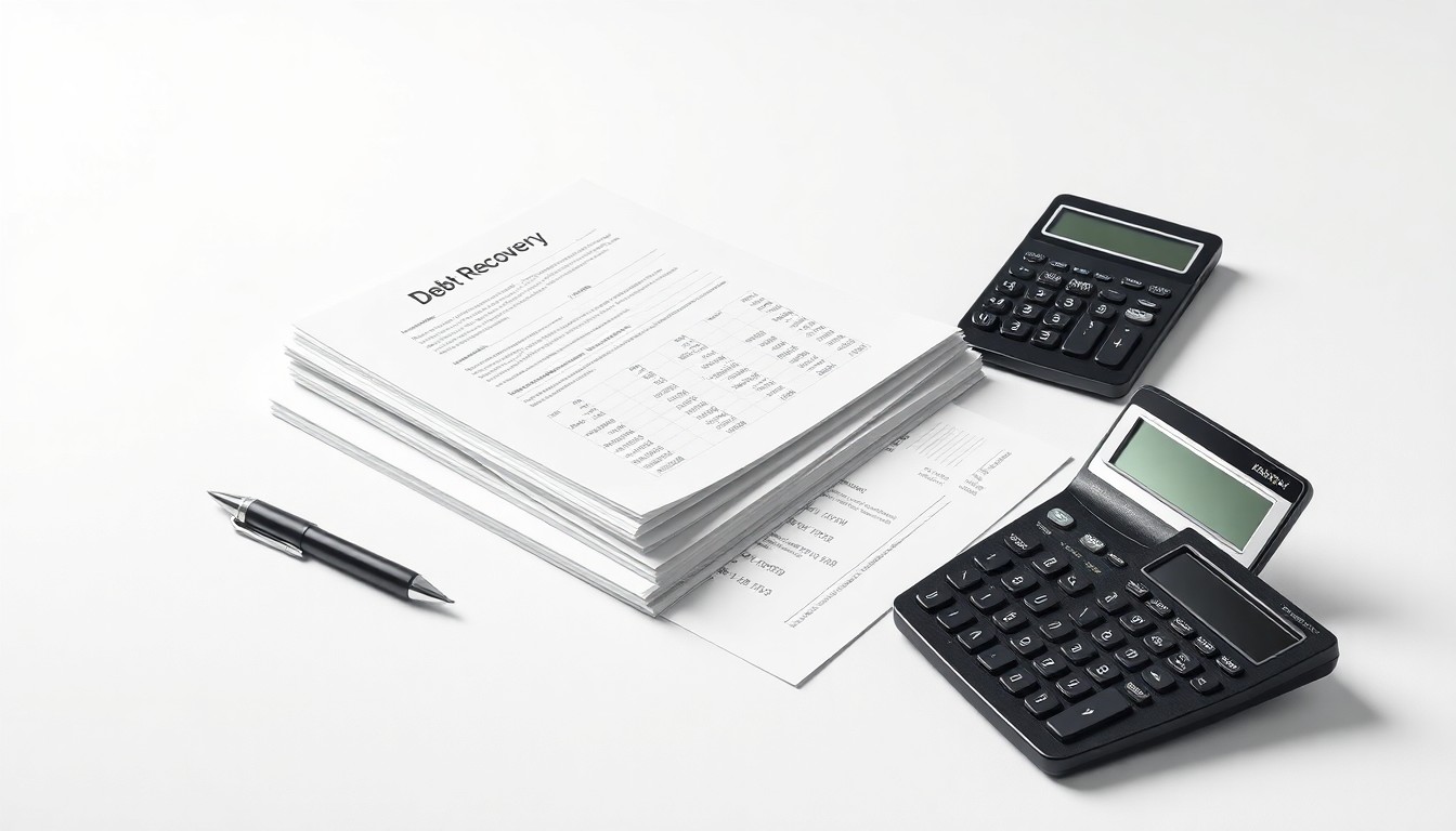 A photorealistic studio still life featuring a stack of financial documents, a pen, and a calculator arranged elegantly on a clean, monochromatic background, conceptually representing the abstract ideas of debt recovery, financial data integration, and regulatory compliance.