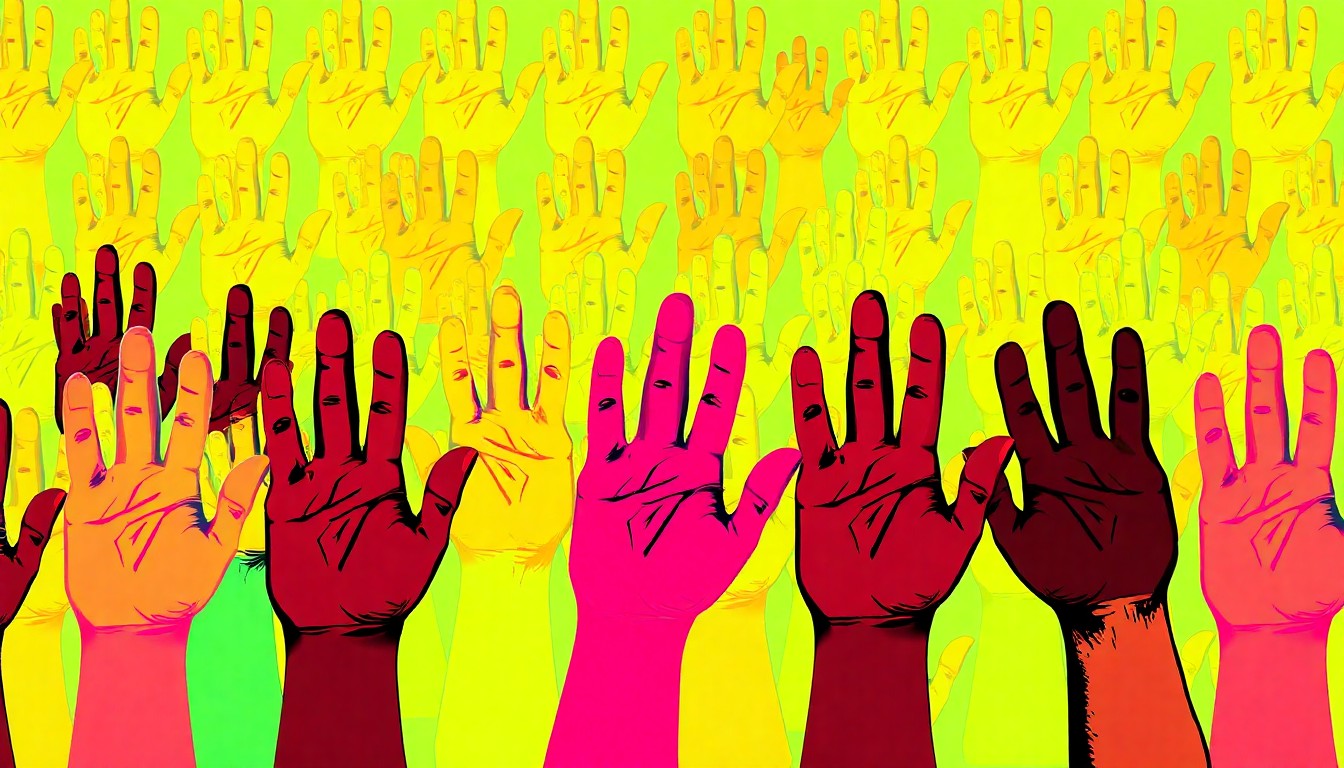 A brightly colored, high-contrast silkscreen print of a group of smiling children's hands reaching out and holding hands, repeated in a tight grid pattern, conceptually representing the inclusive and empowering messages brought by the NCJW Traveling Players.