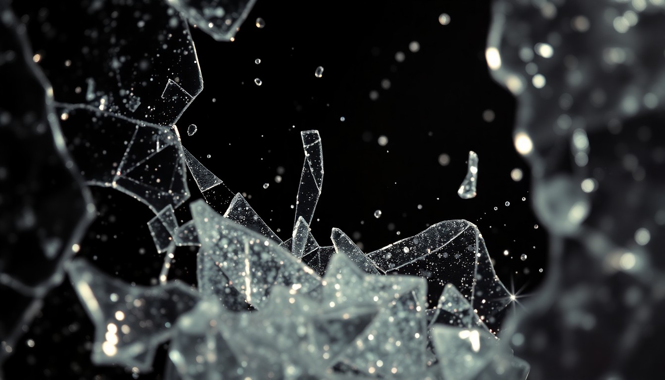 An abstract close-up photograph of shattered glass shards reflecting dramatic studio lighting, evoking a sense of glamour and mystery surrounding the American Horror Story franchise.