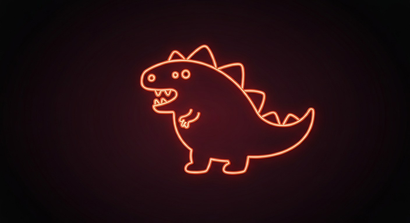 A vibrant, neon-outlined illustration of a dinosaur-shaped chicken nugget, representing the playful and energetic nature of the product at the center of this food safety story.