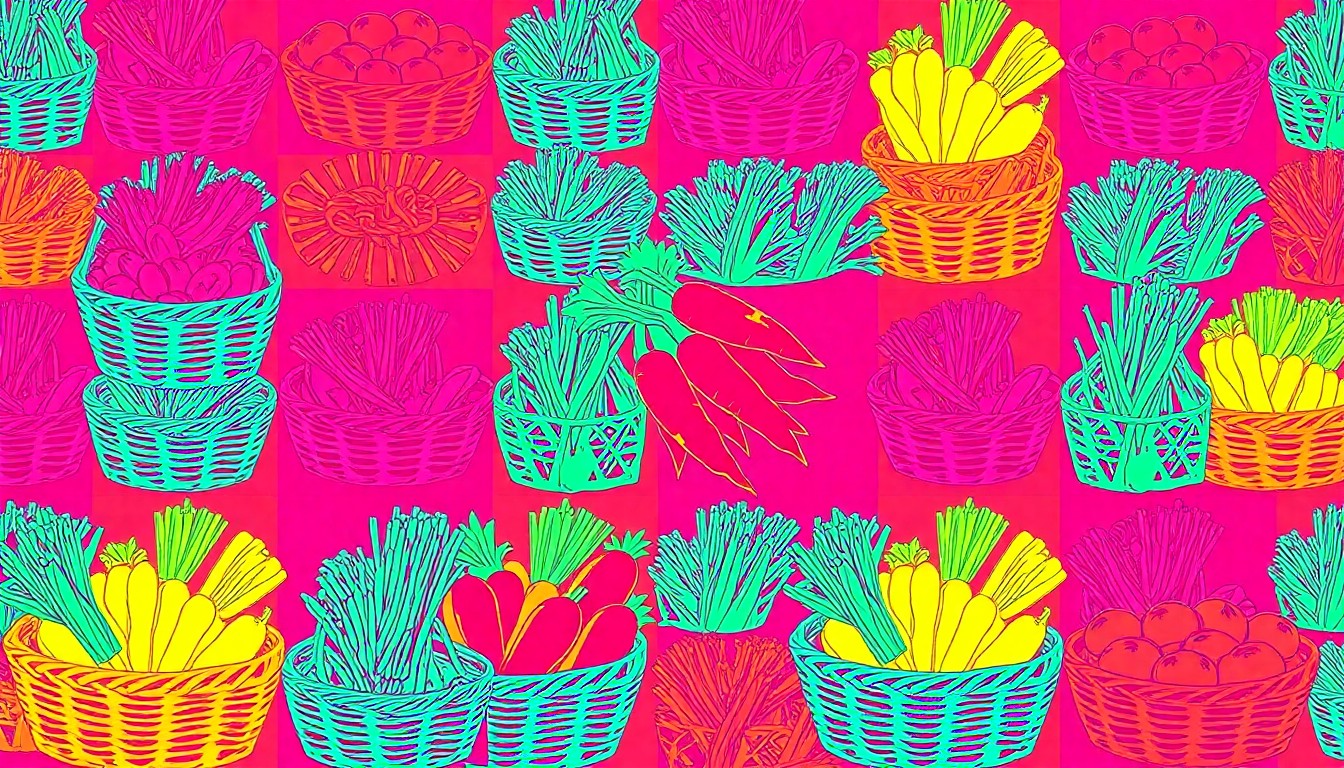 A brightly colored, high-contrast silkscreen print of a bundle of carrots repeated in a tight grid pattern, capturing the energy and variety of the new Harvey Park Farmers' Market.