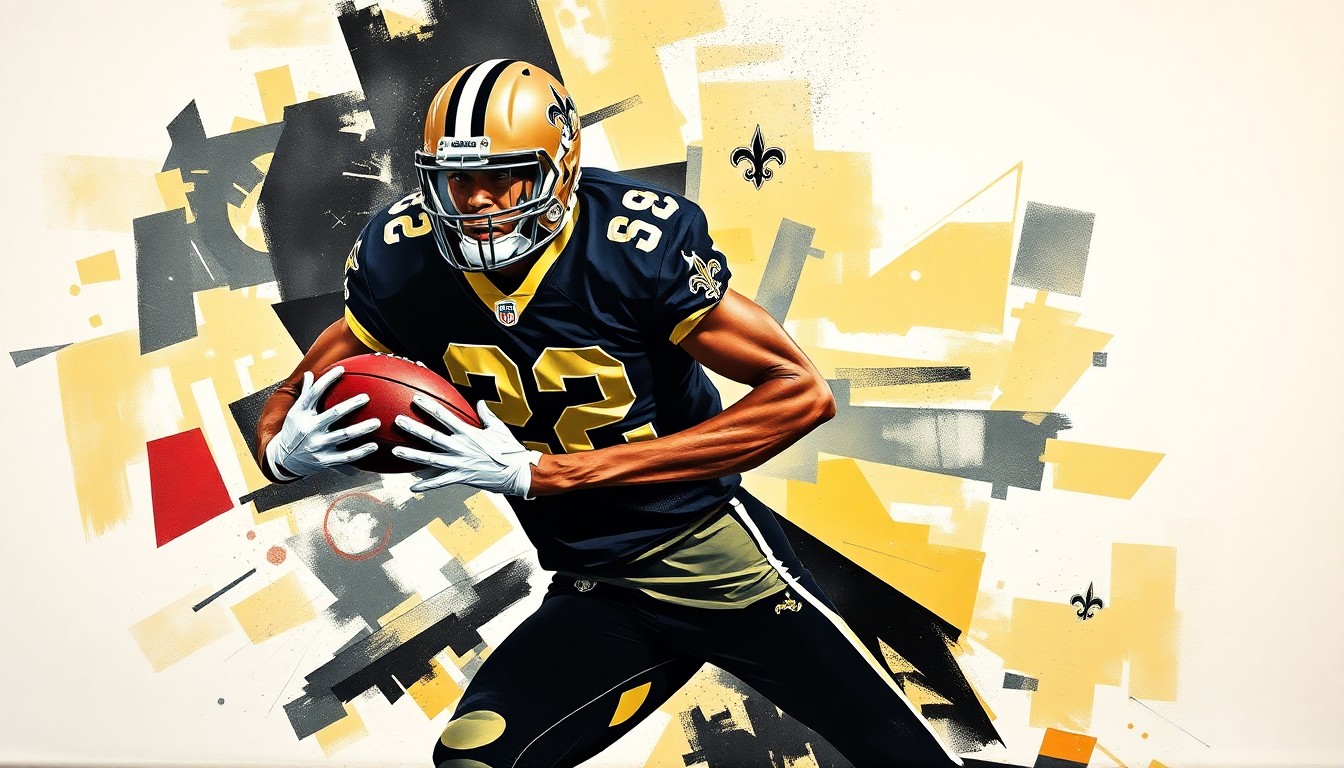 A cubist, geometric painting depicting a football player in motion, with sharp, overlapping planes of black, gold, and white representing the New Orleans Saints' team colors.