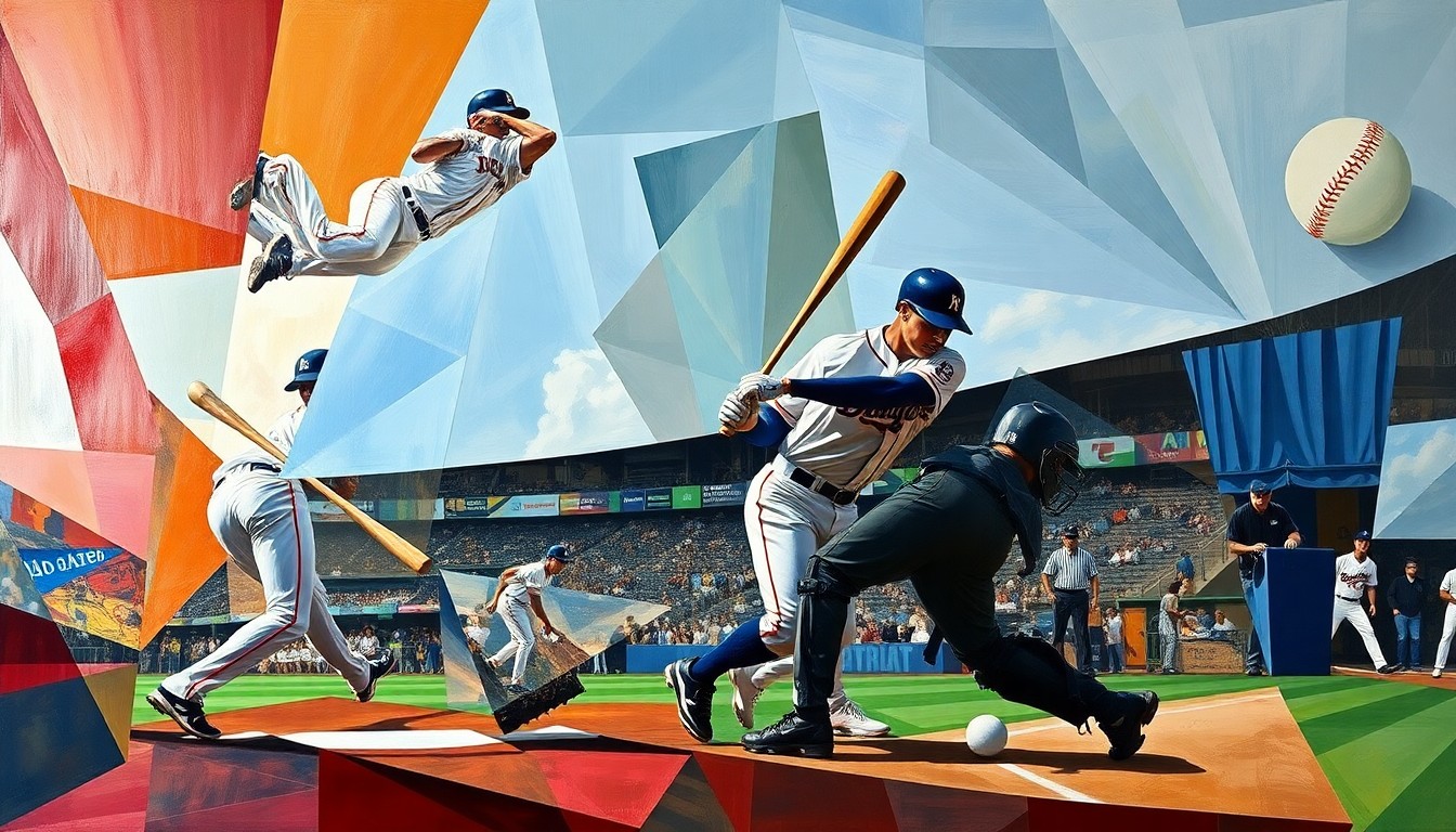 A cubist, geometric painting depicting the dynamic motion and energy of a baseball game, with players' bodies and the ball broken down into abstract shapes and planes.