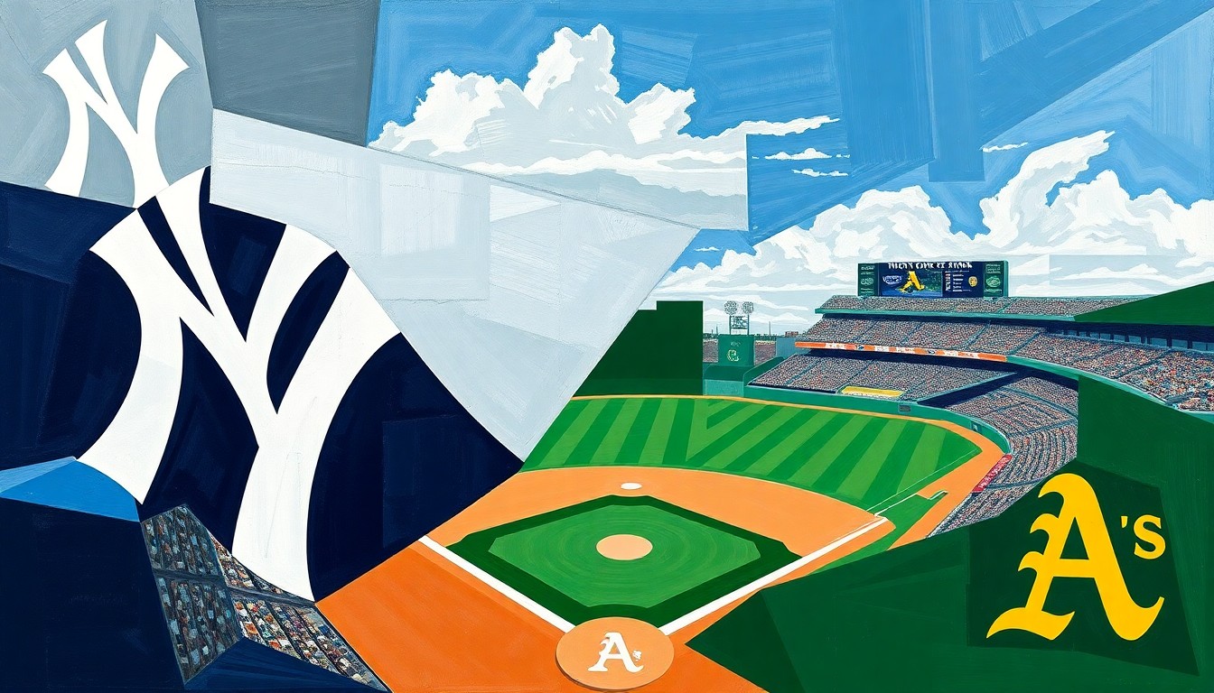 A cubist, geometric painting depicting a baseball game in progress, with the players and field broken down into overlapping planes of navy, white, gray, green, and gold.