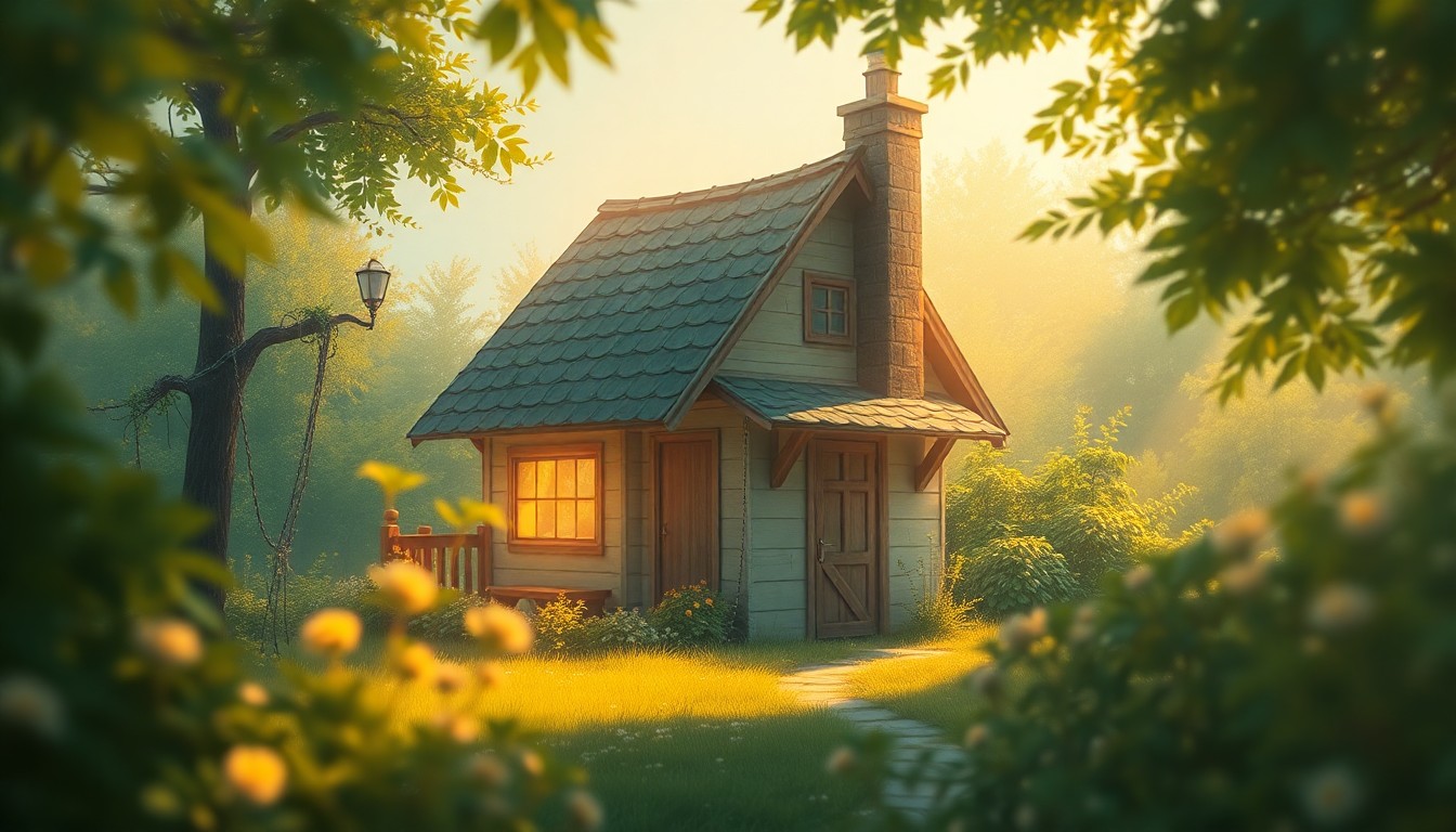 An abstract, impressionistic scene of a small cottage surrounded by blurred greenery, with warm pools of light and color creating a sense of comfort and serenity.