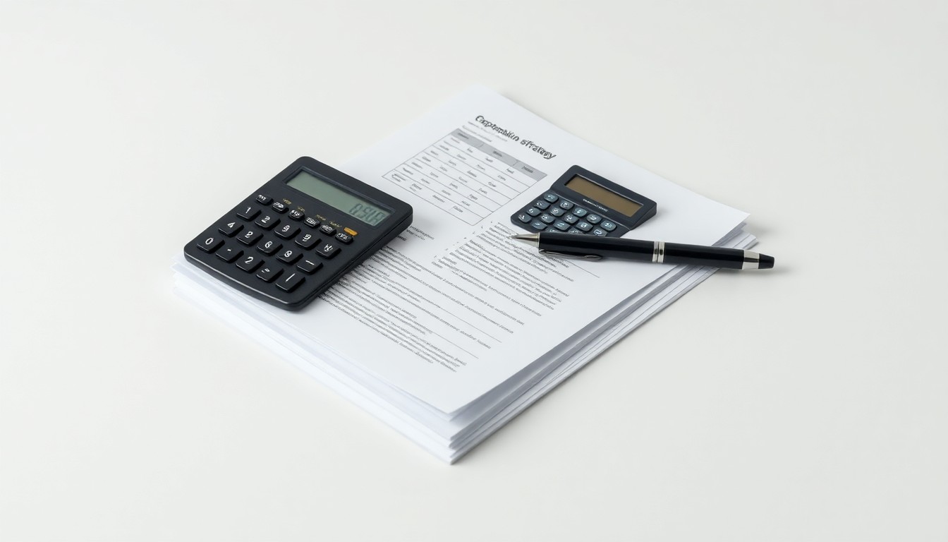 A high-end, photorealistic studio still-life photograph featuring a stack of financial documents, a calculator, and a pen arranged elegantly on a clean, white seamless background, representing the abstract concepts of corporate strategy, finance, and risk management.