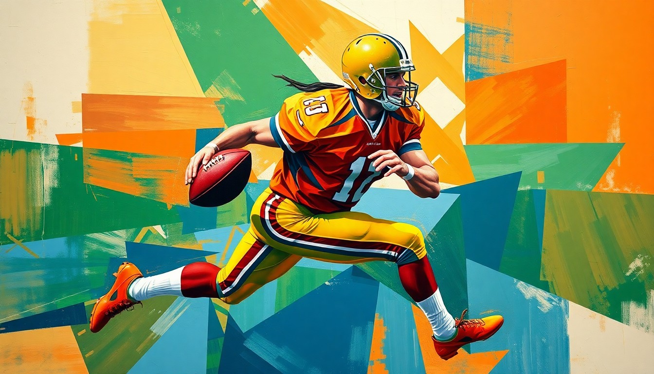 A fractured, cubist-style painting depicting an American football player in motion, with sharp geometric planes of vibrant orange, green, and blue colors overlapping to create a dynamic, deconstructed visual representation of the sport.