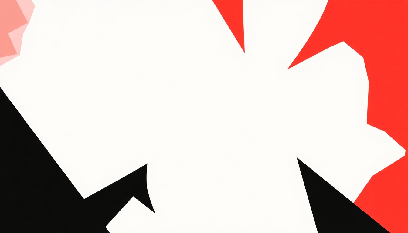 A striking abstract composition of bold, angular black and red shapes, conceptually representing the unified effort to champion the theatrical film industry.