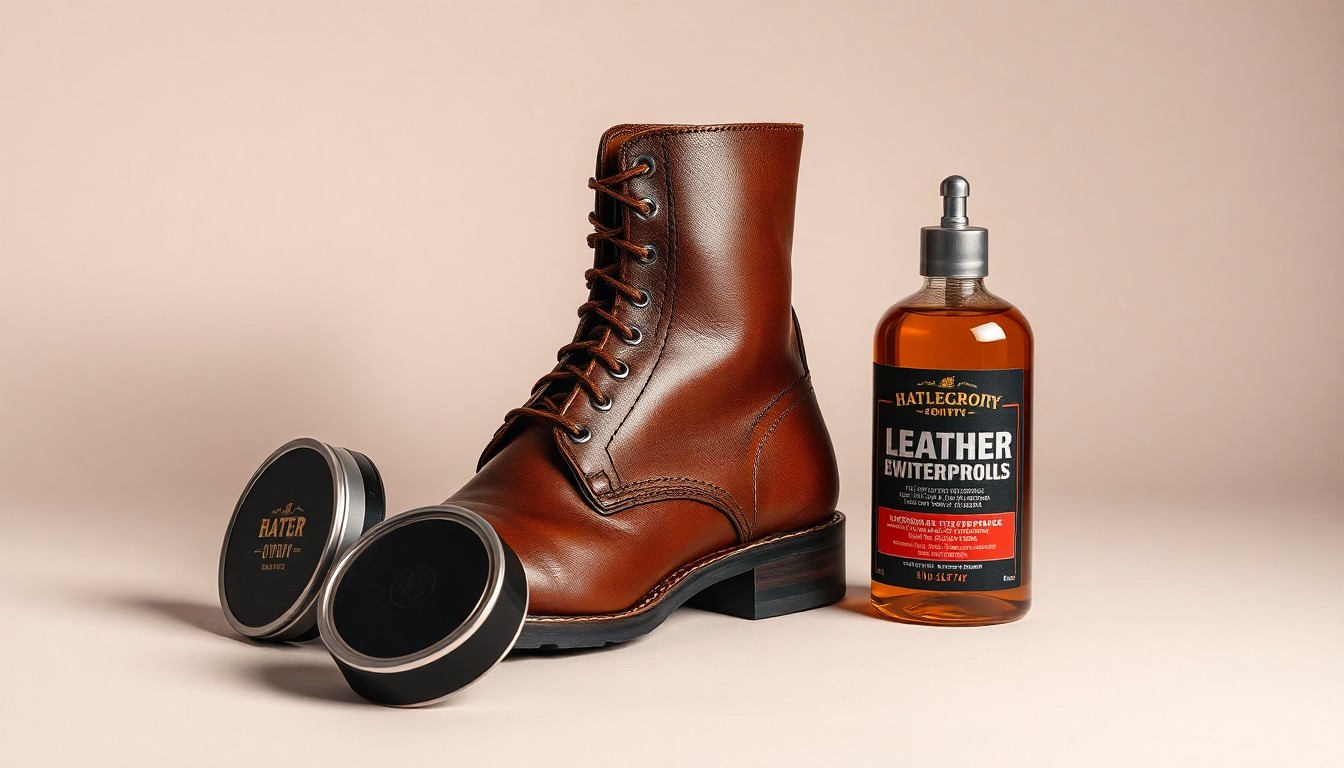 A photorealistic studio still-life featuring a polished leather boot, a tin of boot polish, and a bottle of waterproofing treatment, arranged elegantly on a clean, monochromatic background to symbolize the premium quality and practical solutions of JobSite's new leather boot care line.