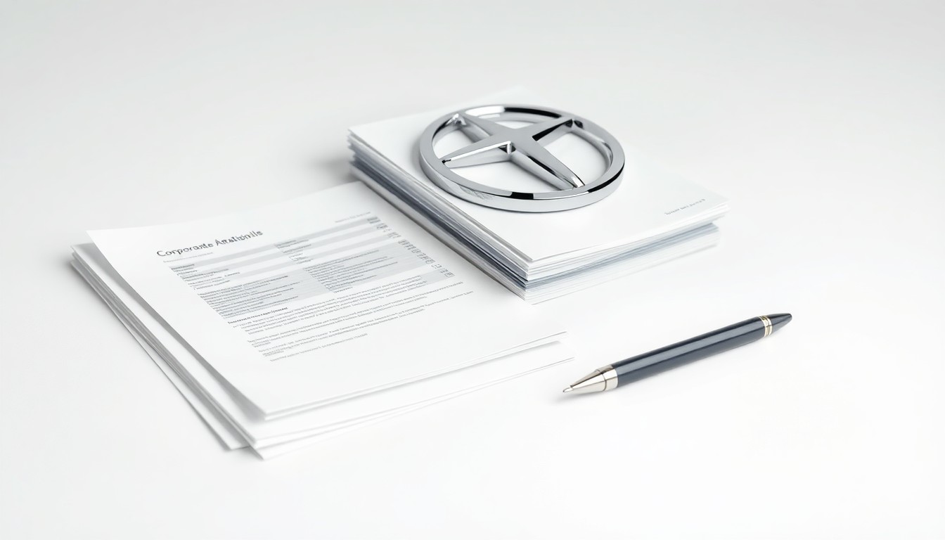 A photorealistic studio still life featuring a polished metal car emblem, a stack of financial documents, and a pen on a clean, monochromatic background, symbolizing the abstract concepts of corporate strategy, finance, and the automotive industry.