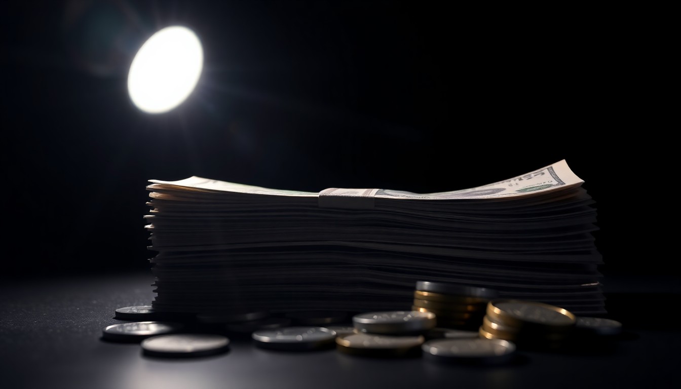 An extreme close-up photograph of a stack of cash and coins, lit by a harsh, direct camera flash against a pitch-black background, conceptually illustrating the investigation into the alleged misuse of state grant funds.