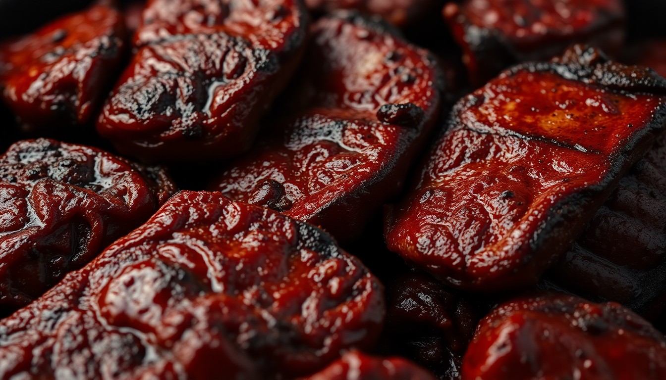 An extreme close-up photograph of glistening, sizzling barbecue meat textures in deep, earthy tones, capturing the essence of Texas-style BBQ in a dramatic, high-contrast studio lighting setup.
