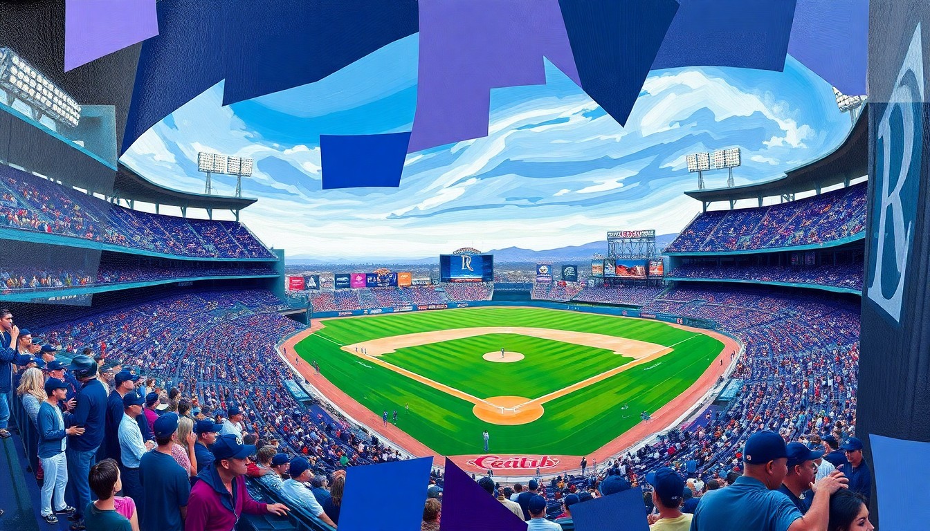 A fractured, multi-perspective painting in a cubist style, breaking down a Rockies baseball game into sharp, overlapping geometric planes of navy blue, purple, and silver, capturing the team's energetic and collaborative play.