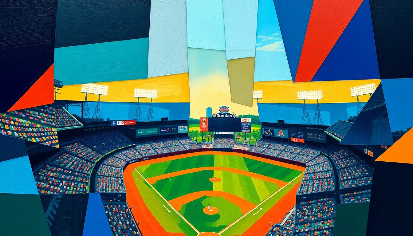 A cubist, geometric painting depicting a baseball game, with sharp, overlapping shapes in vibrant colors representing the action on the field.