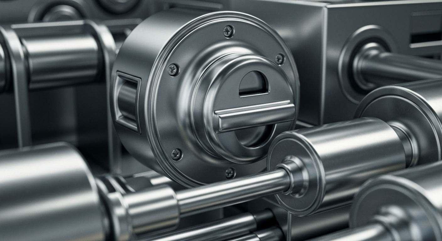 An extreme close-up of gleaming, industrial banking equipment and machinery, conveying the tangible power and security of financial institutions.