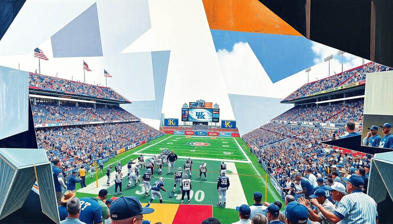 A cubist, geometric painting depicting fragmented scenes of a Kentucky football practice or baseball game, with players and equipment broken down into sharp, overlapping shapes and planes of color.