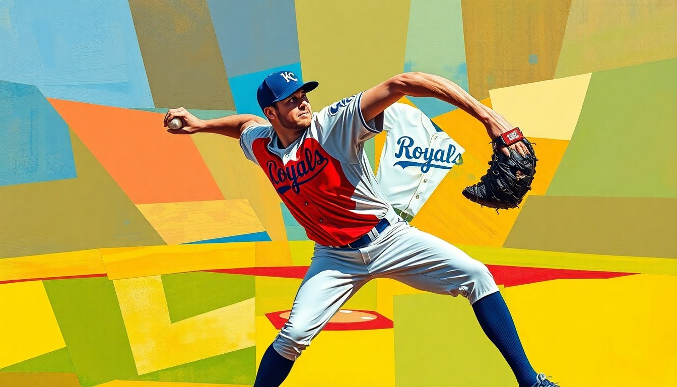 A fractured, geometric painting depicting a baseball pitcher's throwing motion broken down into sharp, overlapping planes of color, representing the unpredictability of sports injuries.