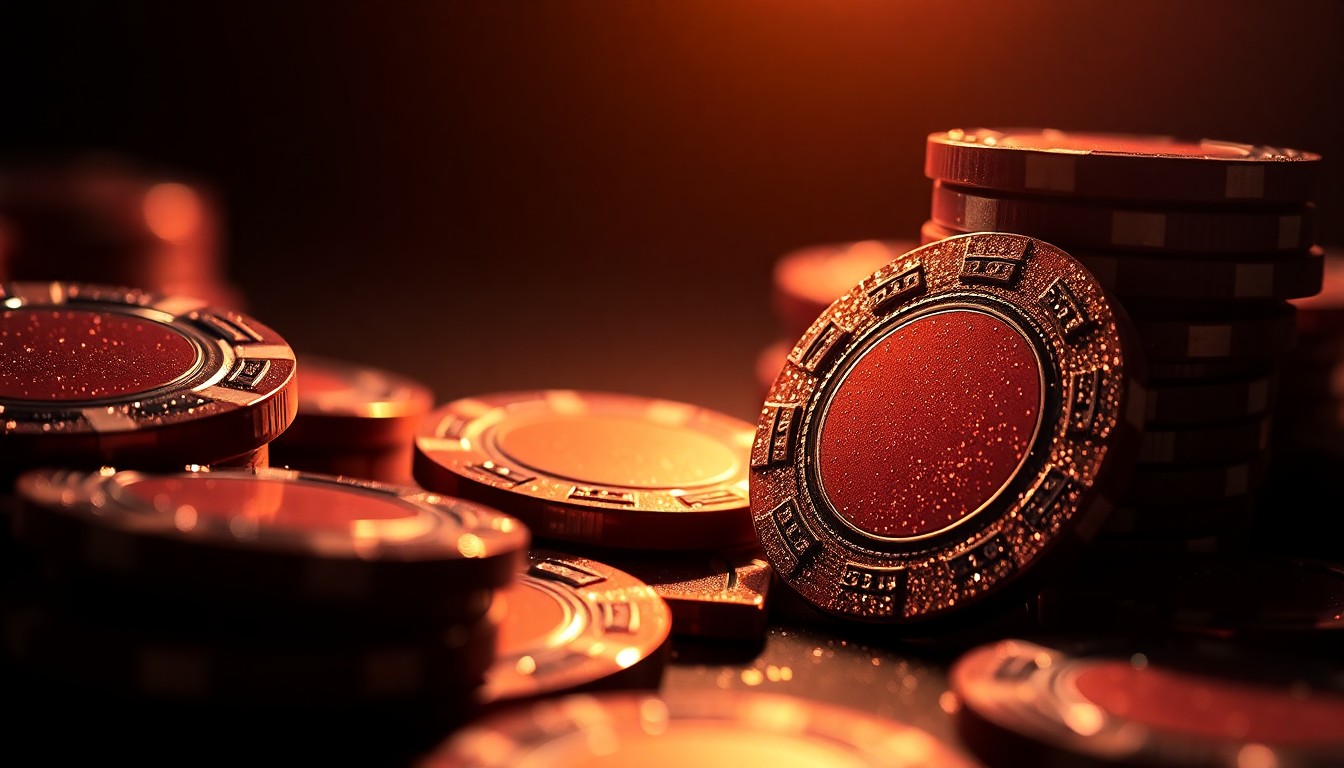 An extreme close-up photograph of shimmering casino chips under dramatic studio lighting, capturing the glamour and allure of the digital gambling industry in New York.