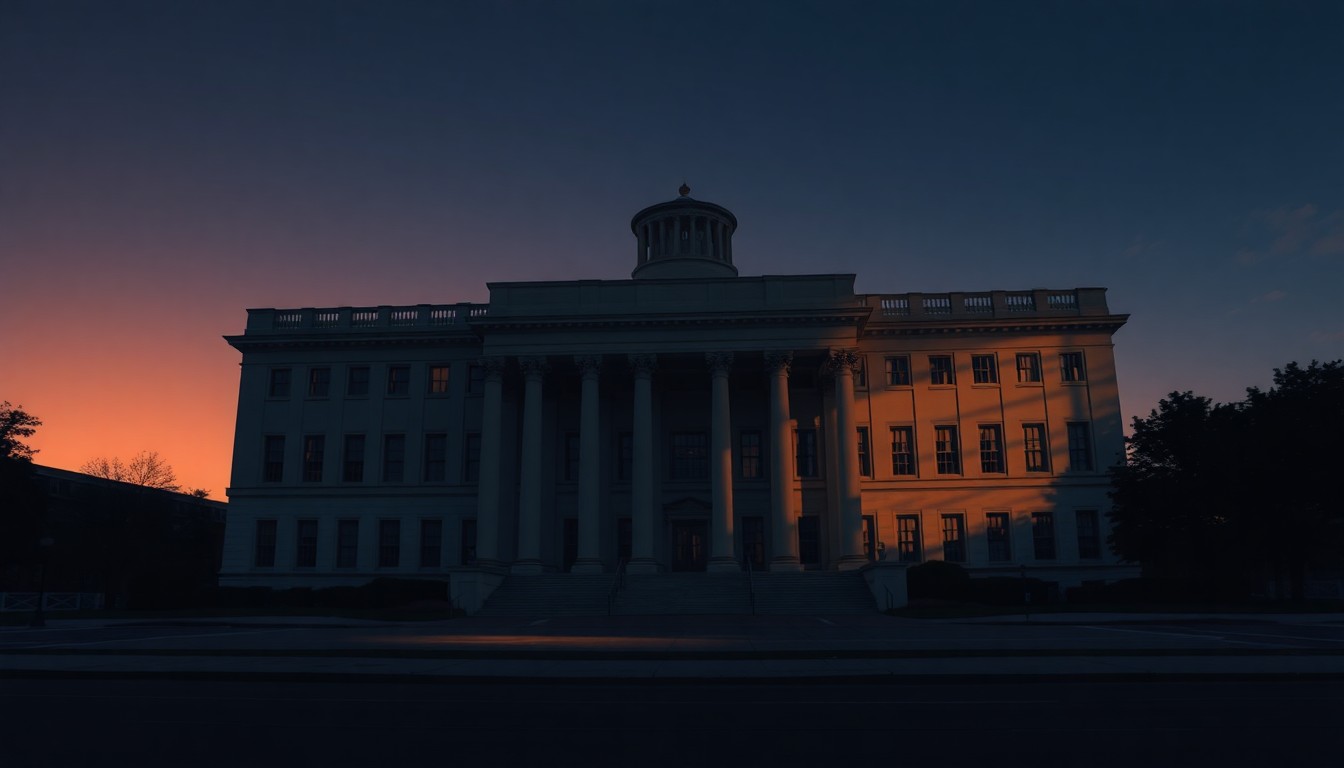 A softly lit, painterly scene of an empty government building at dusk, with warm diagonal sunlight casting long shadows across the facade, conveying a sense of civic contemplation and anticipation.
