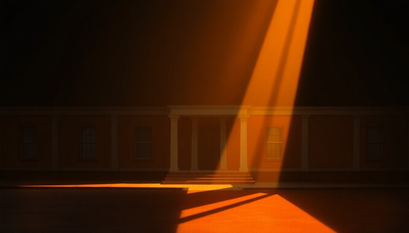 A photorealistic painting of a stately county courthouse building in warm, golden light, with deep shadows across the facade, conveying a sense of quiet contemplation around the legal and financial issues involved in the foreclosure settlement.