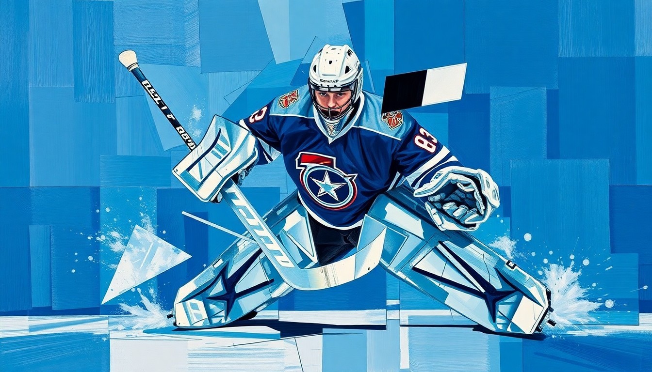 A cubist, geometric painting depicting a college hockey goaltender making a save, with the player's form broken down into sharp, overlapping planes of deep blue, bright white, and metallic silver, conveying the dynamic energy and skill of the young netminders in this year's Frozen Four tournament.