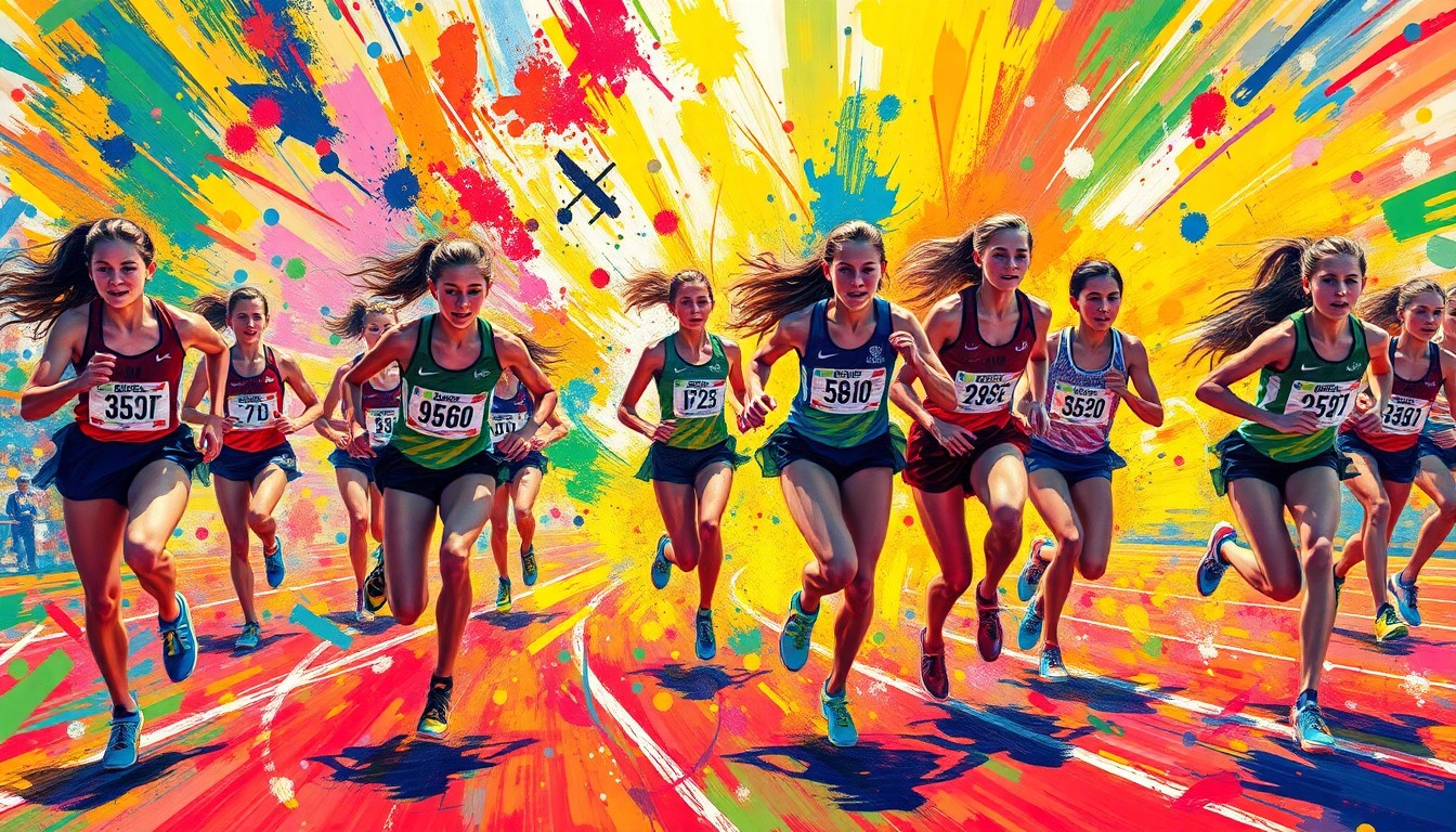 An explosive, expressionist painting in neon colors captures the raw athletic energy and movement of a high school girls track meet, with figures and details dissolving into unrecognizable splatters of color.