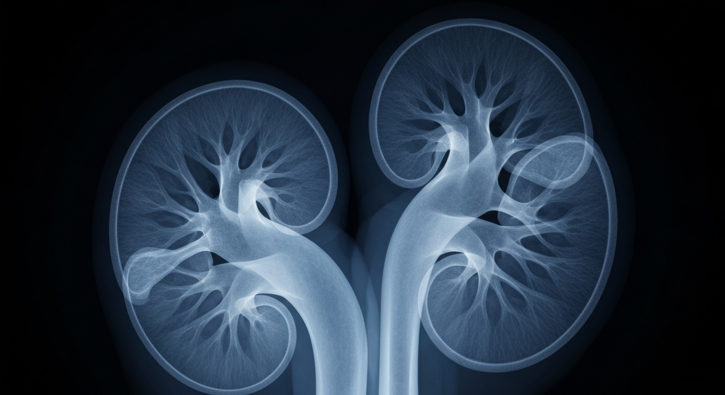 A translucent X-ray photograph revealing the intricate internal structure of a human kidney, with ghostly blue and gray lines against a dark background, conceptually representing the medical condition of kidney failure.