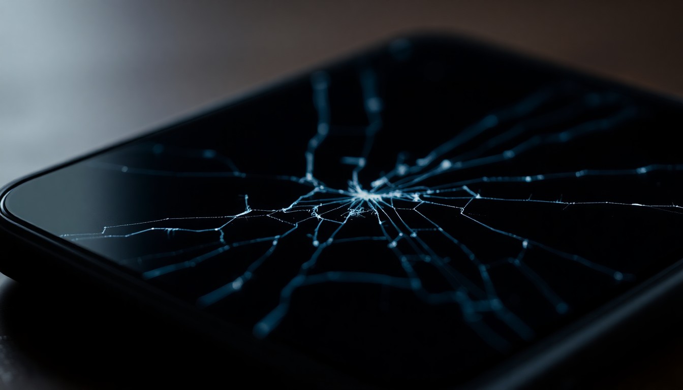 An extreme close-up photograph of a cracked smartphone screen, capturing the intricate details and textures of the damaged device in stark contrast against a pitch-black background, conceptually representing the digital evidence in a cybercrime case.