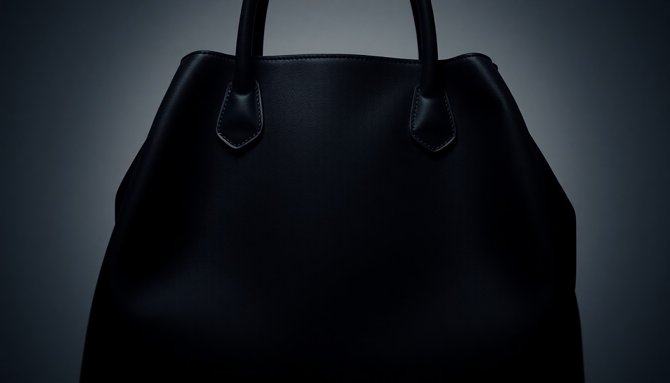 An extreme close-up of a black leather handbag with a glossy, luxurious texture and gold hardware, capturing the high-end, glamorous nature of the accessory.