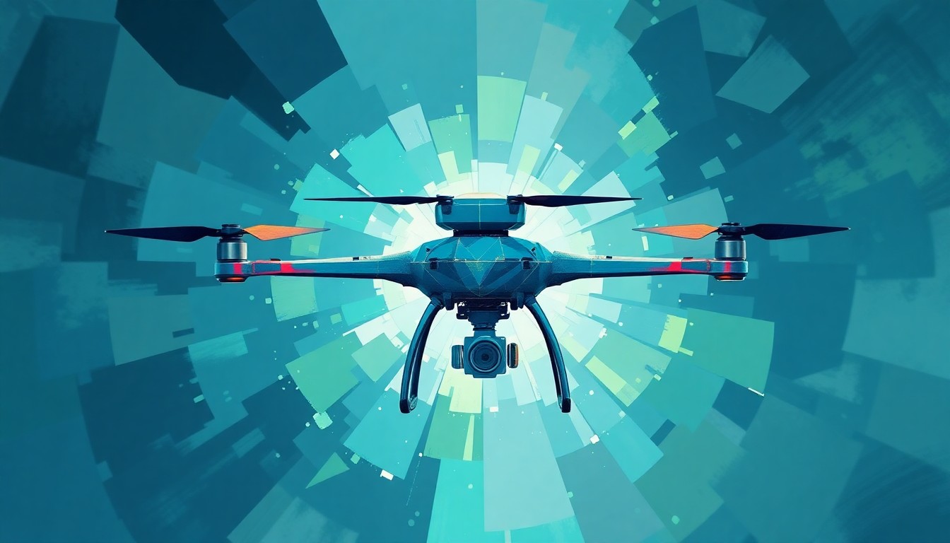 A fractured, abstract painting depicting a drone-mounted sensor array in shades of blue, green, and grey, conceptually representing the advanced quantum magnetometry technology used for remote detection in the rescue mission.