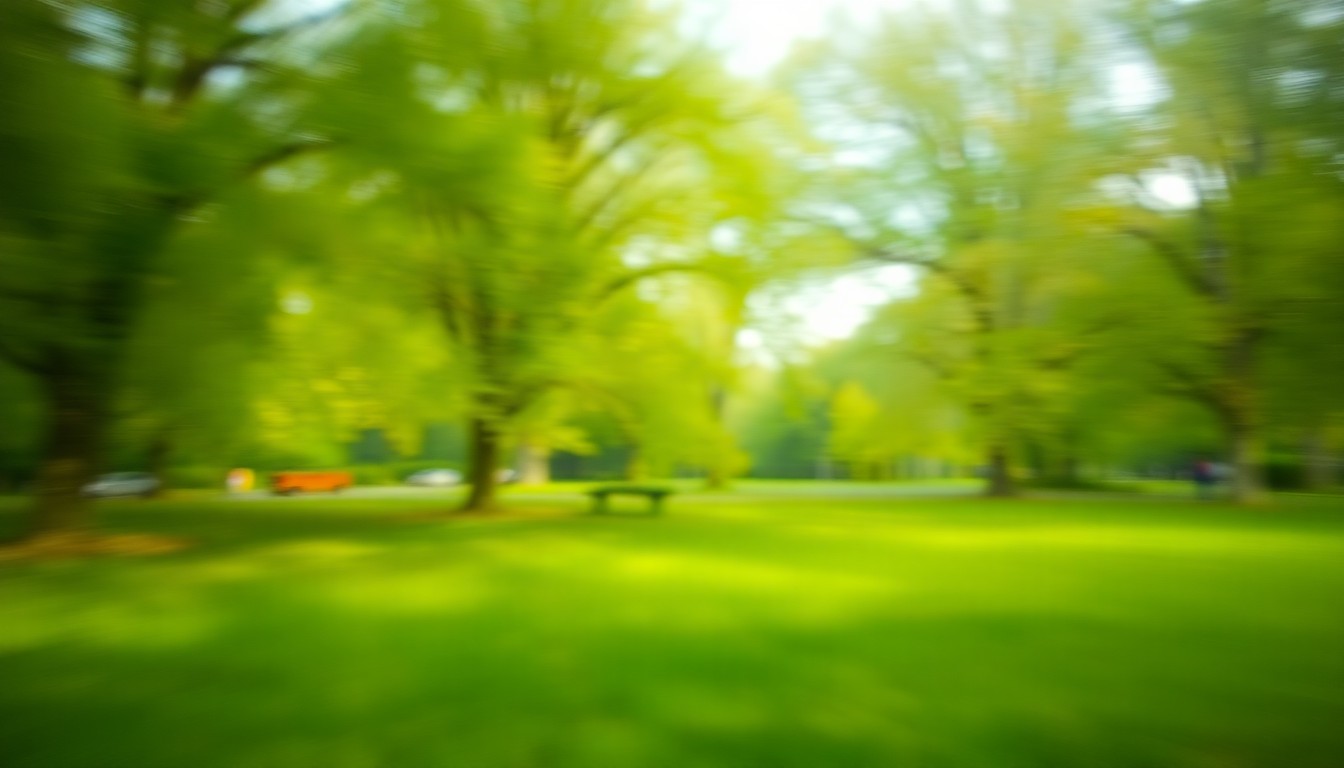 An abstract, impressionistic landscape scene of a verdant park, with soft, blurred brushstrokes of deep green, ochre, and amber creating a sense of natural tranquility.
