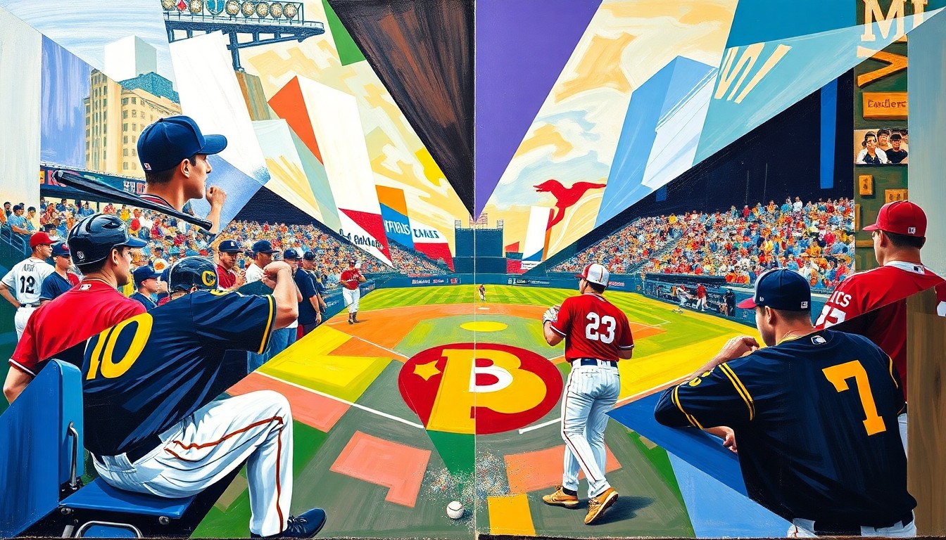 A fragmented, geometric painting depicting a college baseball game, with the players and field broken down into sharp, overlapping planes of vibrant navy blue, gold, red, and white colors.