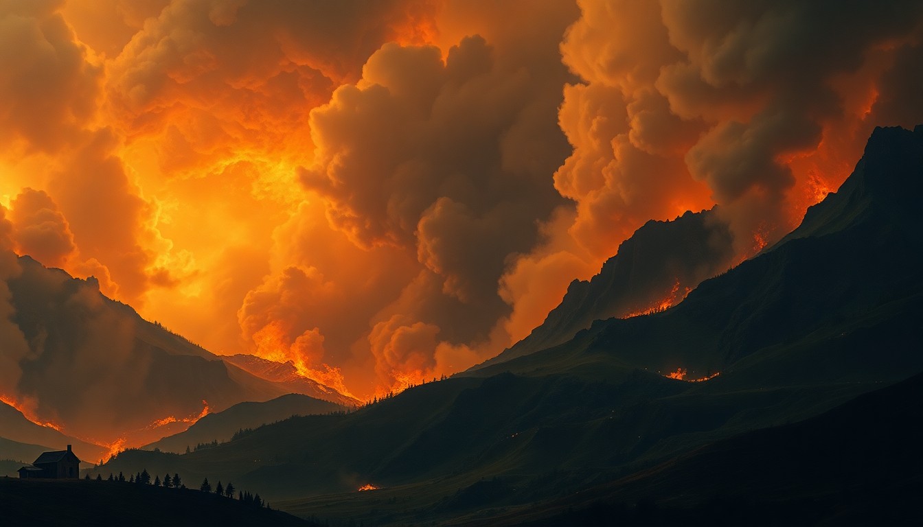 A vast, dramatic landscape painting in muted earth tones, with a towering plume of smoke and flames rising against a brooding sky, conveying the overwhelming scale and force of a raging wildfire.