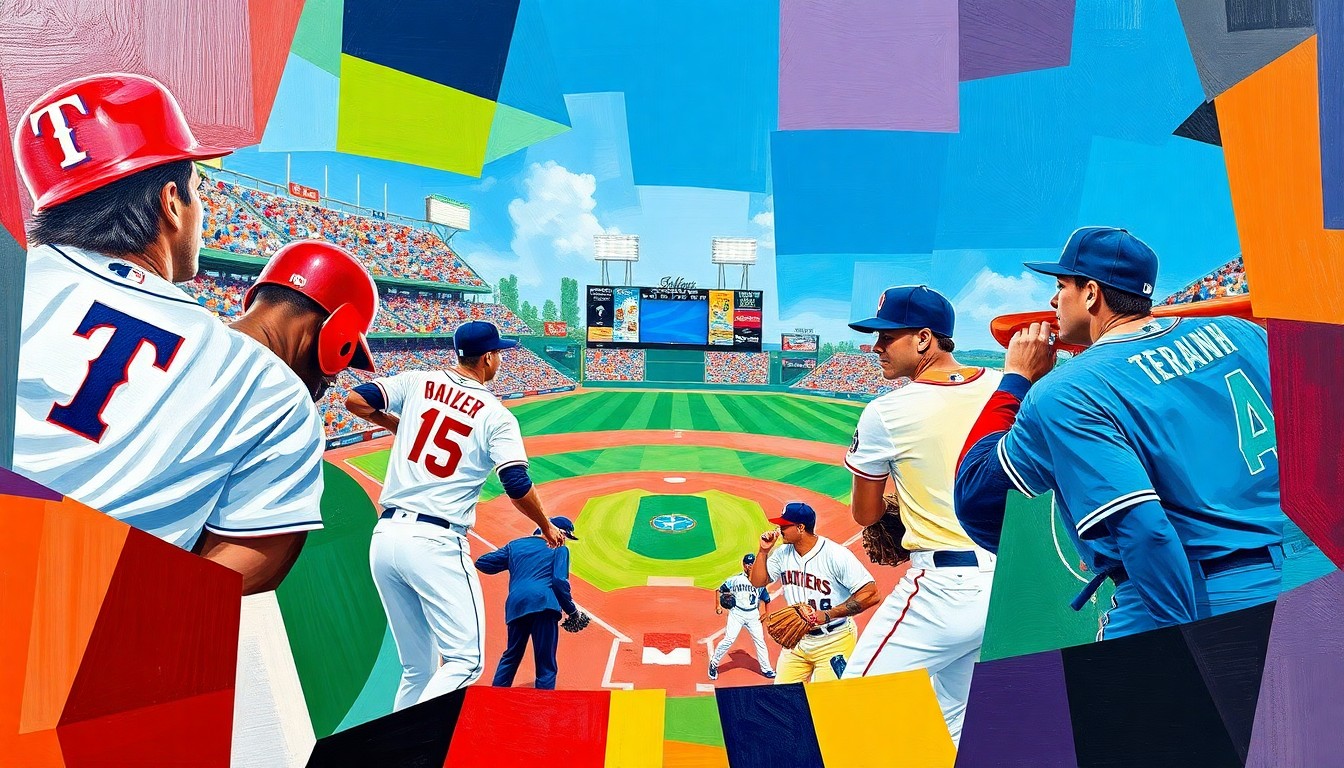 A fragmented, geometric painting depicting a baseball game, with sharp planes of color representing the players, field, and action, in the style of Pablo Picasso.