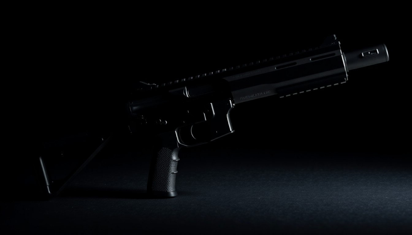An extreme close-up photograph of a seized AR-style pistol against a pitch-black background, its metal and polymer textures sharply defined by harsh, direct lighting, conceptually illustrating the recovery of dangerous weapons during a law enforcement operation.