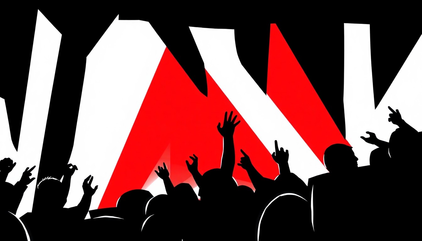 A dynamic, abstract composition of geometric black and red shapes, conceptually representing the thrill of a live television production.