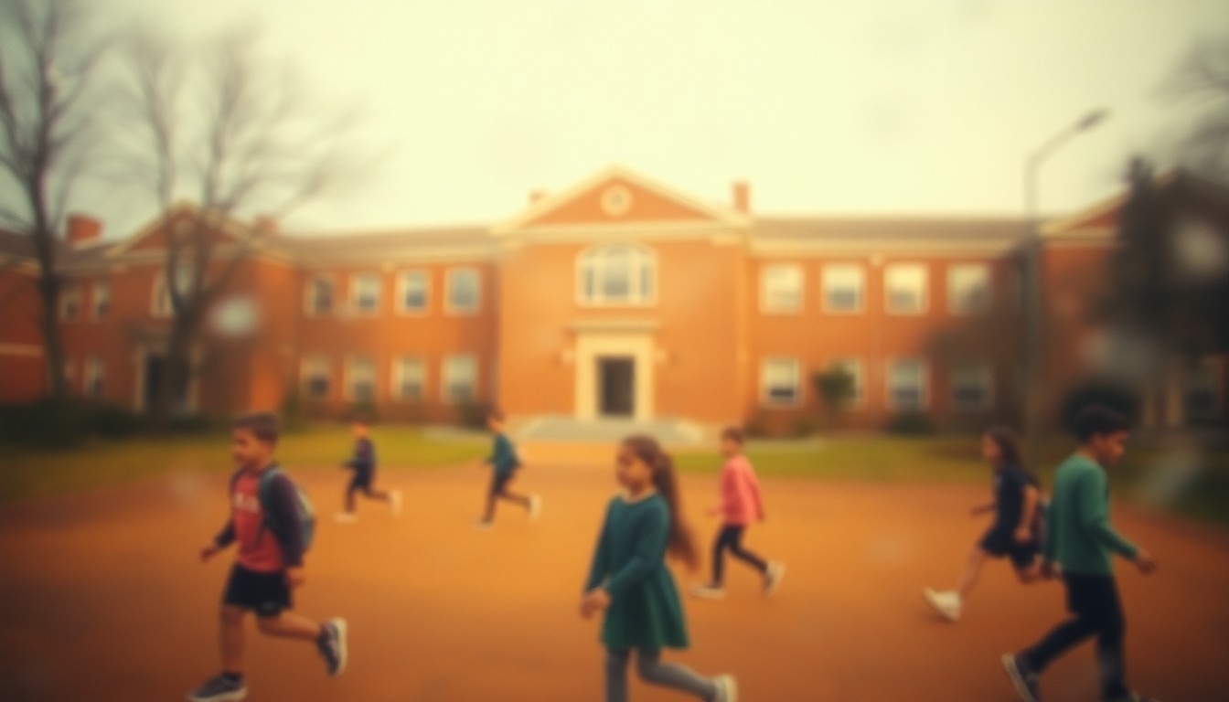 An abstract, out-of-focus photograph in warm tones depicting the faint outline of an older school building in the background, with the blurred shapes of children playing on a playground in the foreground, conceptually representing the community's investment in improving their schools.